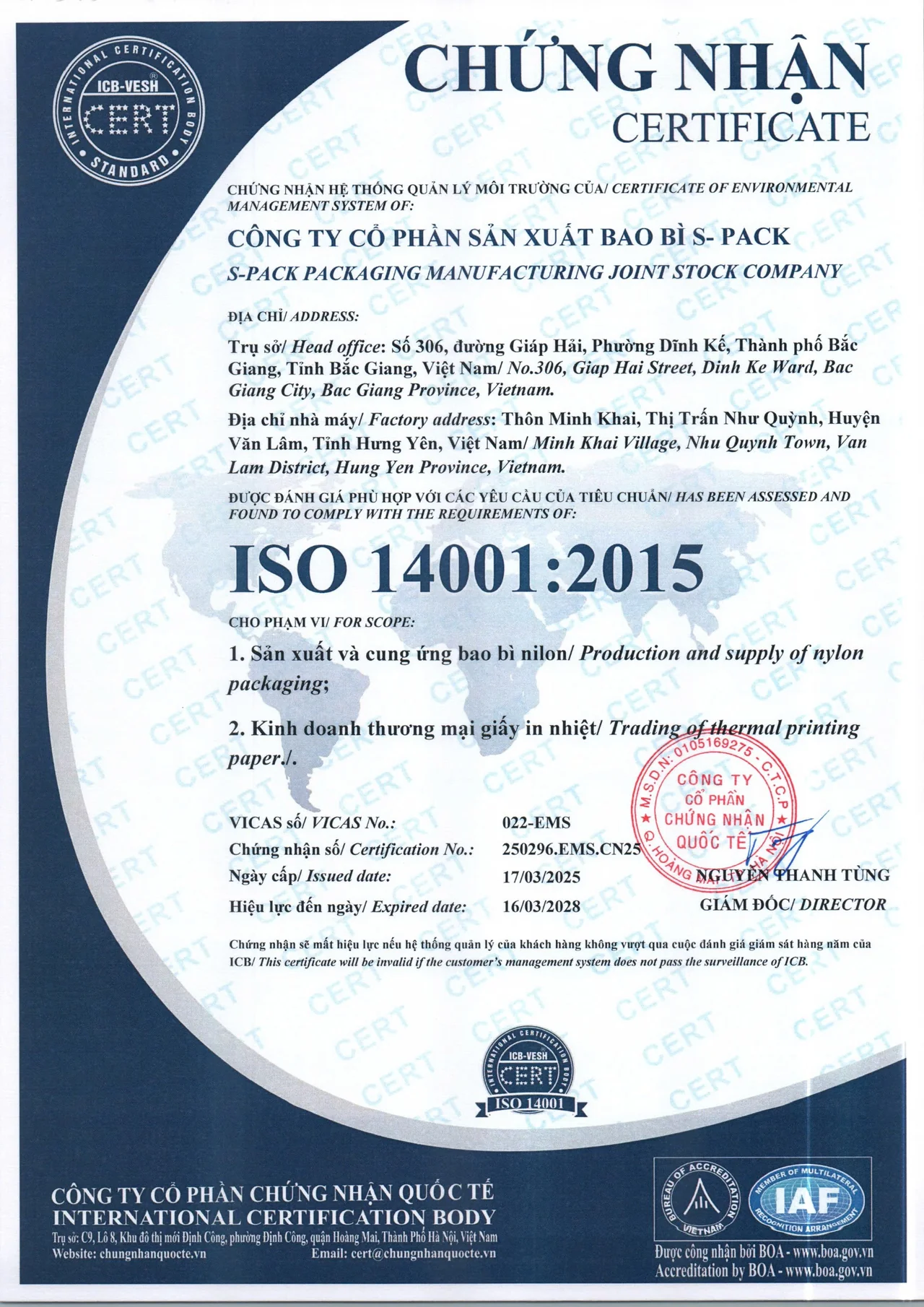 Giấy chứng nhận ISO 14001:2015 — hệ thống quản lý môi trường (ICB cấp 17/03/2025)