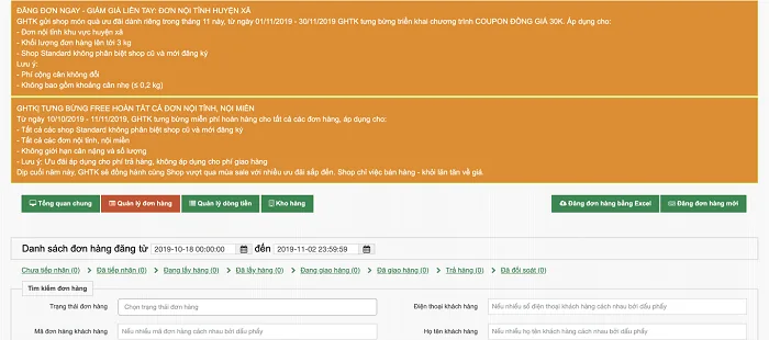 Giao diện dành cho chủ shop trên Giao hàng tiết kiệm