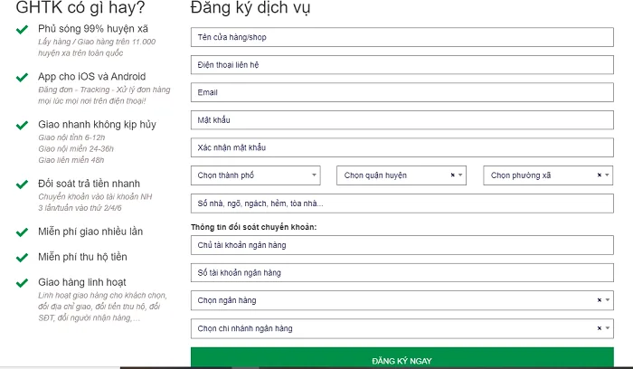 Giao diện đăng ký shop trên Website của Giao hàng tiết kiệm