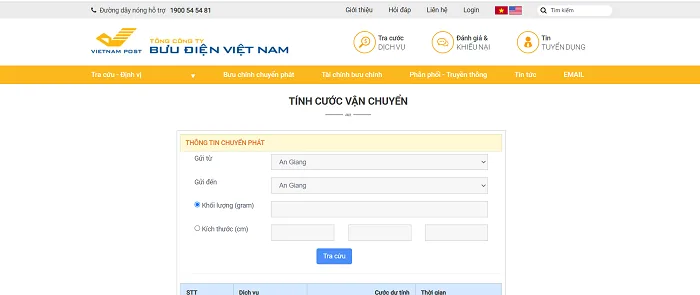 tính toán giá cước dễ dàng trên trang chủ VNPost
