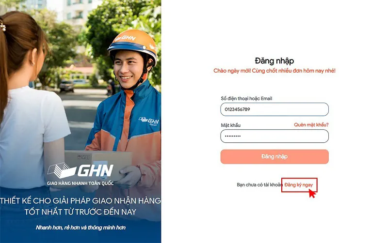 giao diện đăng ký tài khoản trên giao hàng nhanh