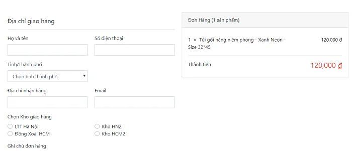 Giao diện đặt mua túi đóng hàng