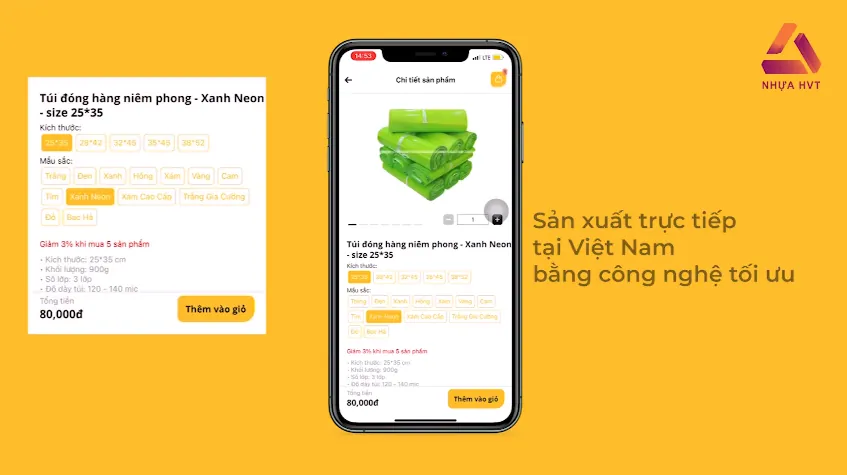 túi gói hàng HVT đã dạng về kích thước và màu sắc
