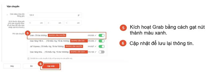 Kích hoạt GrabExpress cho từng sản phẩm
