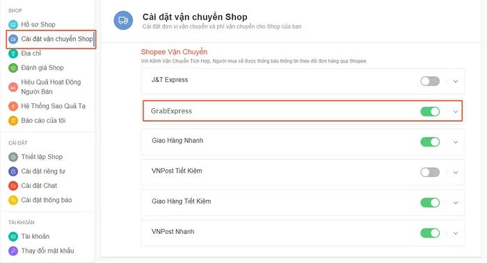 Cách cài đặt GrabExpress cho gian hàng