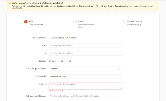 Đăng ký tài khoản tiếp thị liên kết Shopee