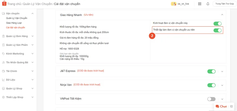 thiết lập đơn vị vận chuyển khi bán hàng shopee