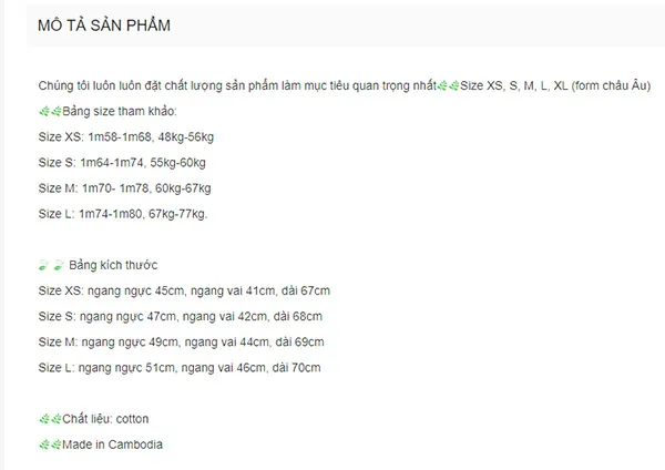 bảng mô tả size áo vừa với cân nặng