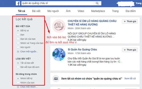lọc kết quả trên facebook