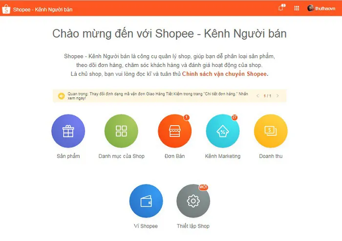Giao diện thiết lập shop trên shopee
