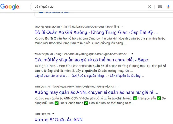 kết quả tìm kiếm nguồn sỉ quần áo