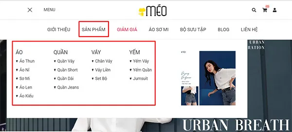 các danh mục quần áo trong website