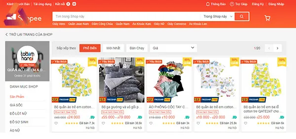 giao diện shopee bán quần áo