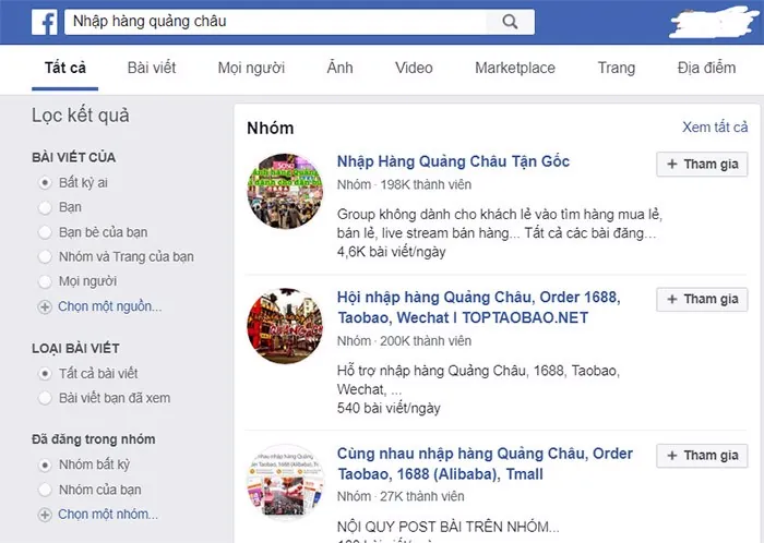 tìm nguồn hàng trên facebook