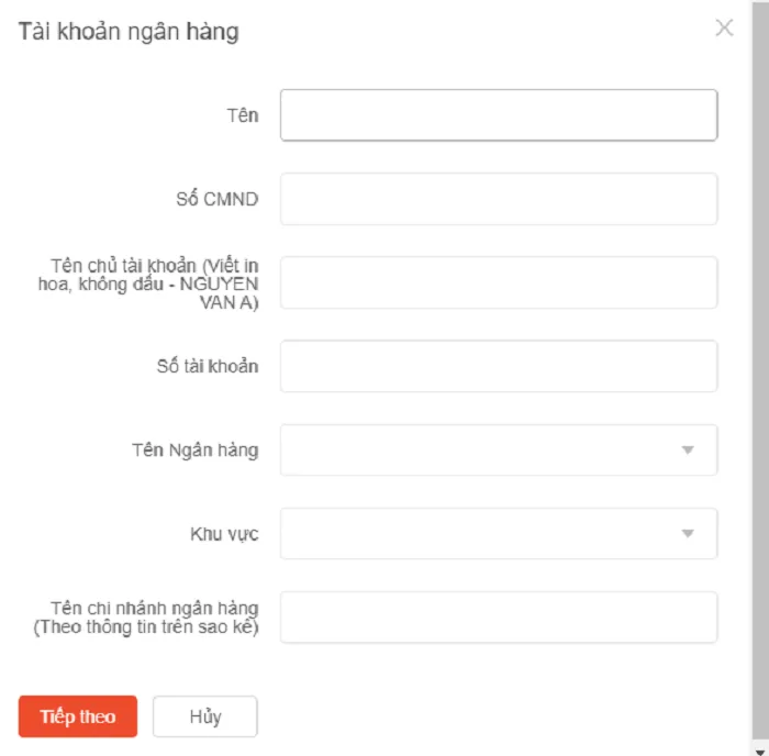Bảng điền thông tin tài khoản ngân hàng