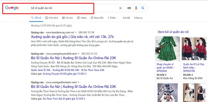 tìm hiểu thông tin nhập hàng trên google