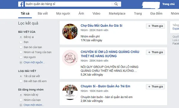 kết quả tìm trên facebook