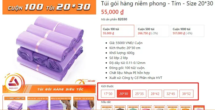 Túi dán miệng đa dạng kích thước