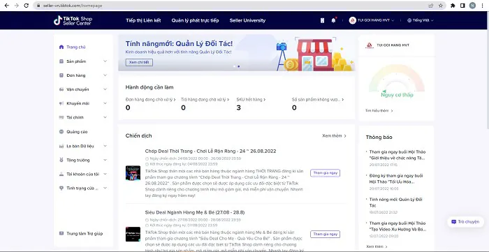 Giao diện trang quản lý Tiktok Shop