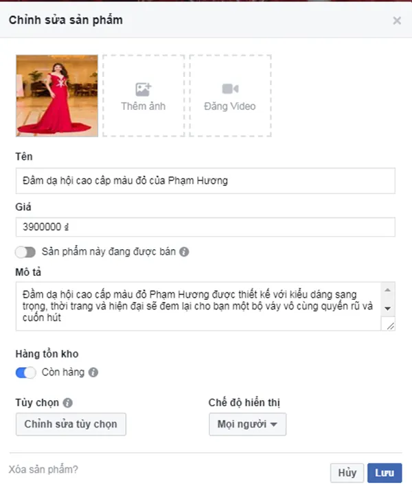 giao diện lưu ảnh trong cửa hàng fanpage