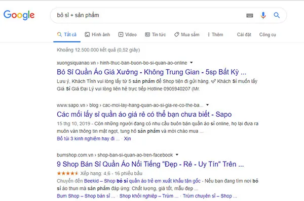 search để tìm nguồn hàng
